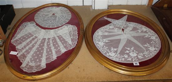2 gilt framed samples of Ayreshire lace collars